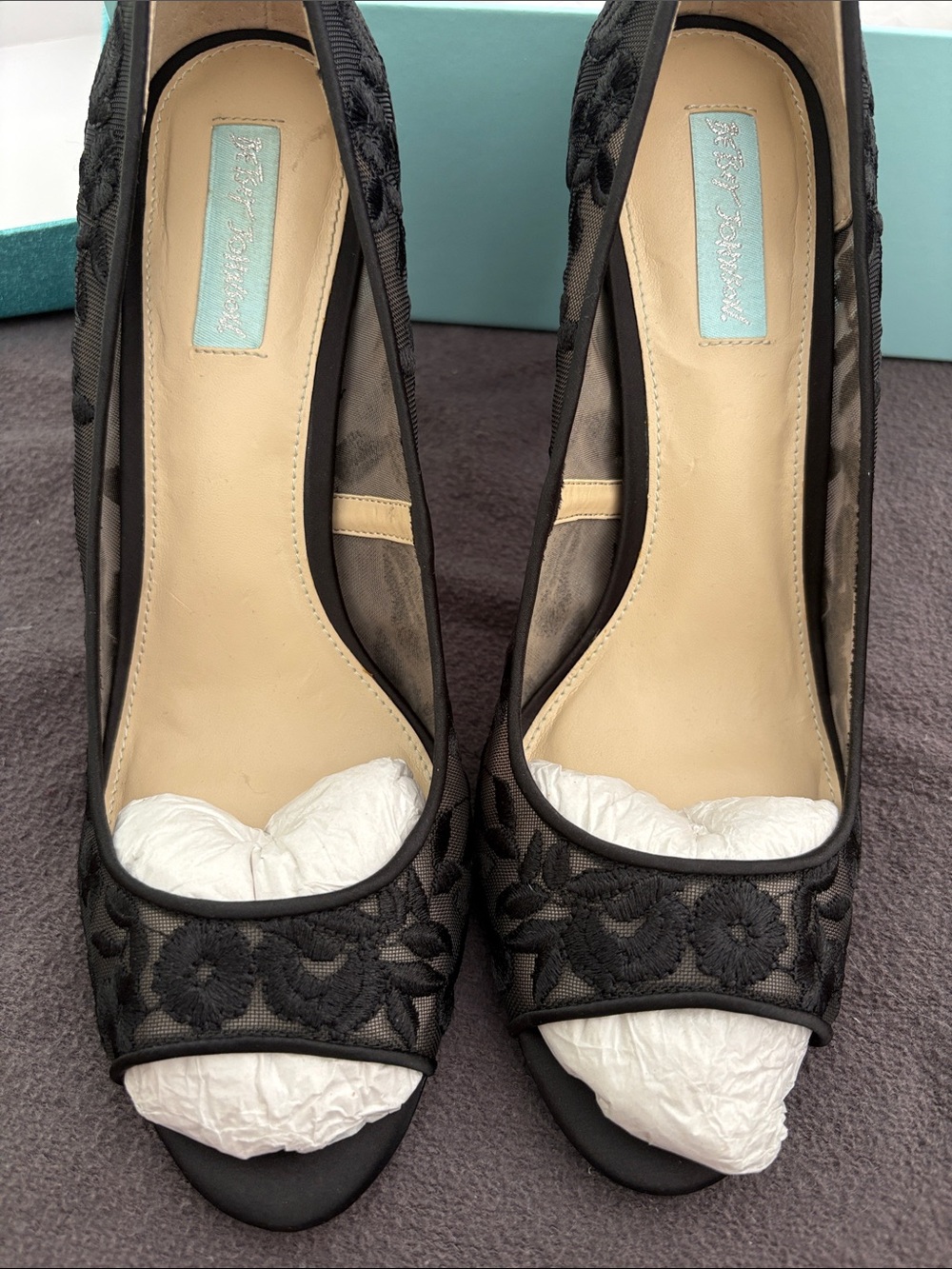 Blue by Betsey Johnson Black Floral Mesh Peep Toe Pumps - Picture 3 of 4